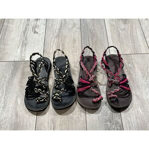 2 pair of ladies braided rope flat sandals cream/black & Navy/hot pink size S 7-